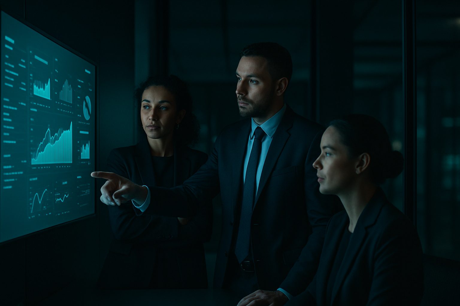 A European market access and HEOR team collaborating calmly around a shared screen in one workspace